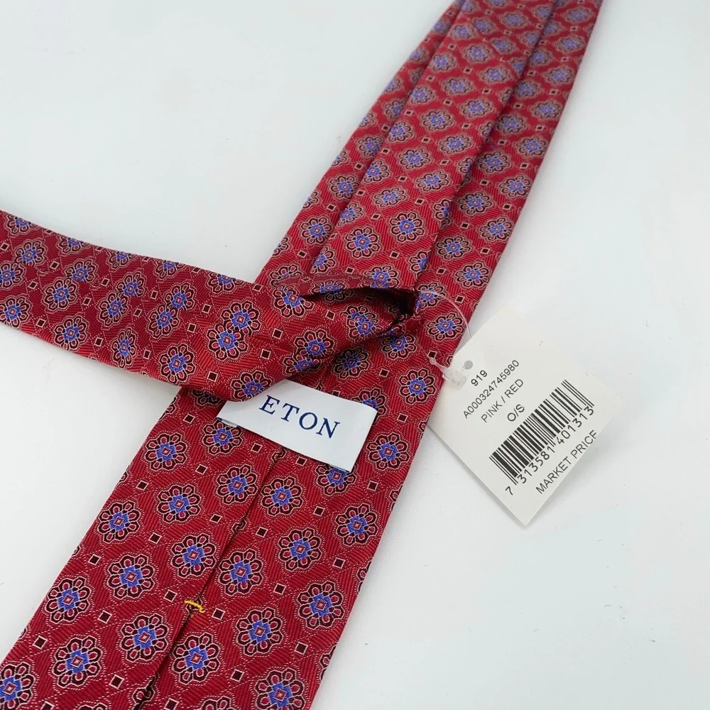 Eton Tie Mens One Size Red Patterned Silk Luxury Classic Necktie Italy‎ Made NWT